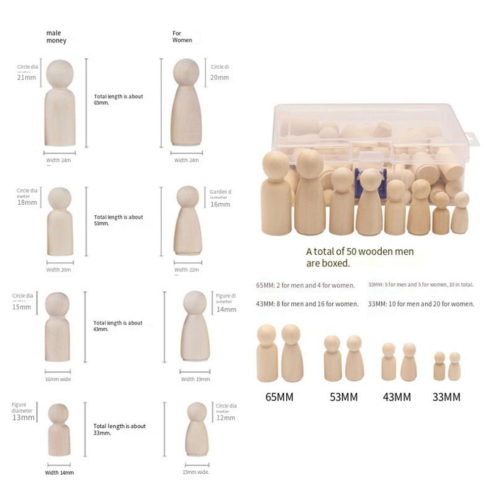 50pcs/box Wooden Figure Wooden Peg Dolls. Once Painted will be Decorative Doll People