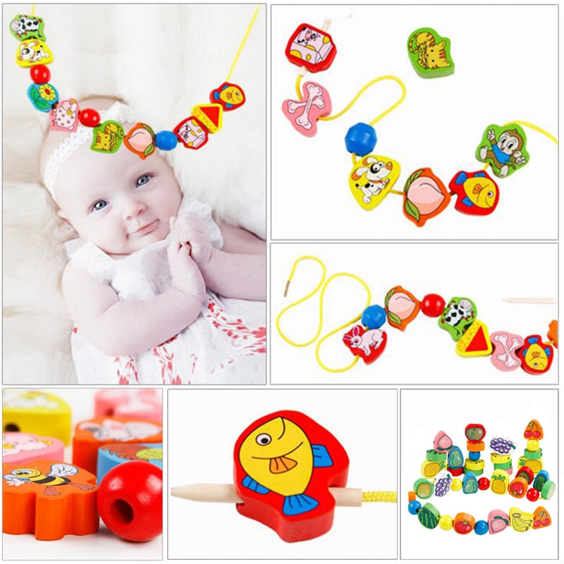 26pcs Wooden beads for toddlers w/cord for Stringing.