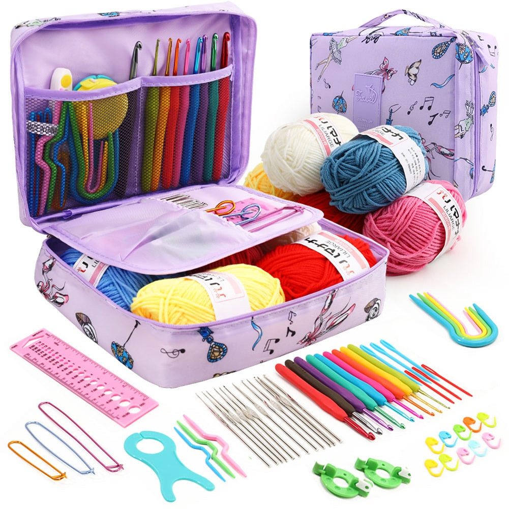 53Pcs Beginner Crochet Hook Kits w/yarn, Crochet Hooks, Needles and Sewing Accessories in a Storage Bag