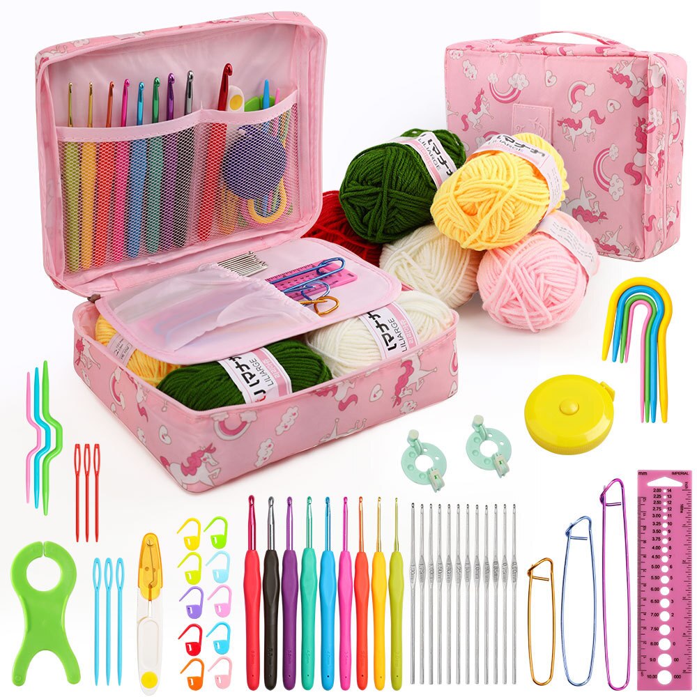 53Pcs Beginner Crochet Hook Kits w/yarn, Crochet Hooks, Needles and Sewing Accessories in a Storage Bag