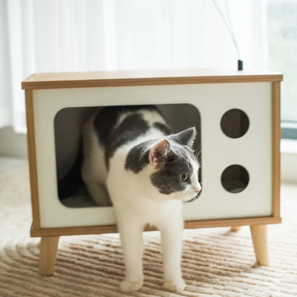 BOUSSAC Purr-View Retro TV, Cat Condo, Jute Scratching Pad, Washable Mat,