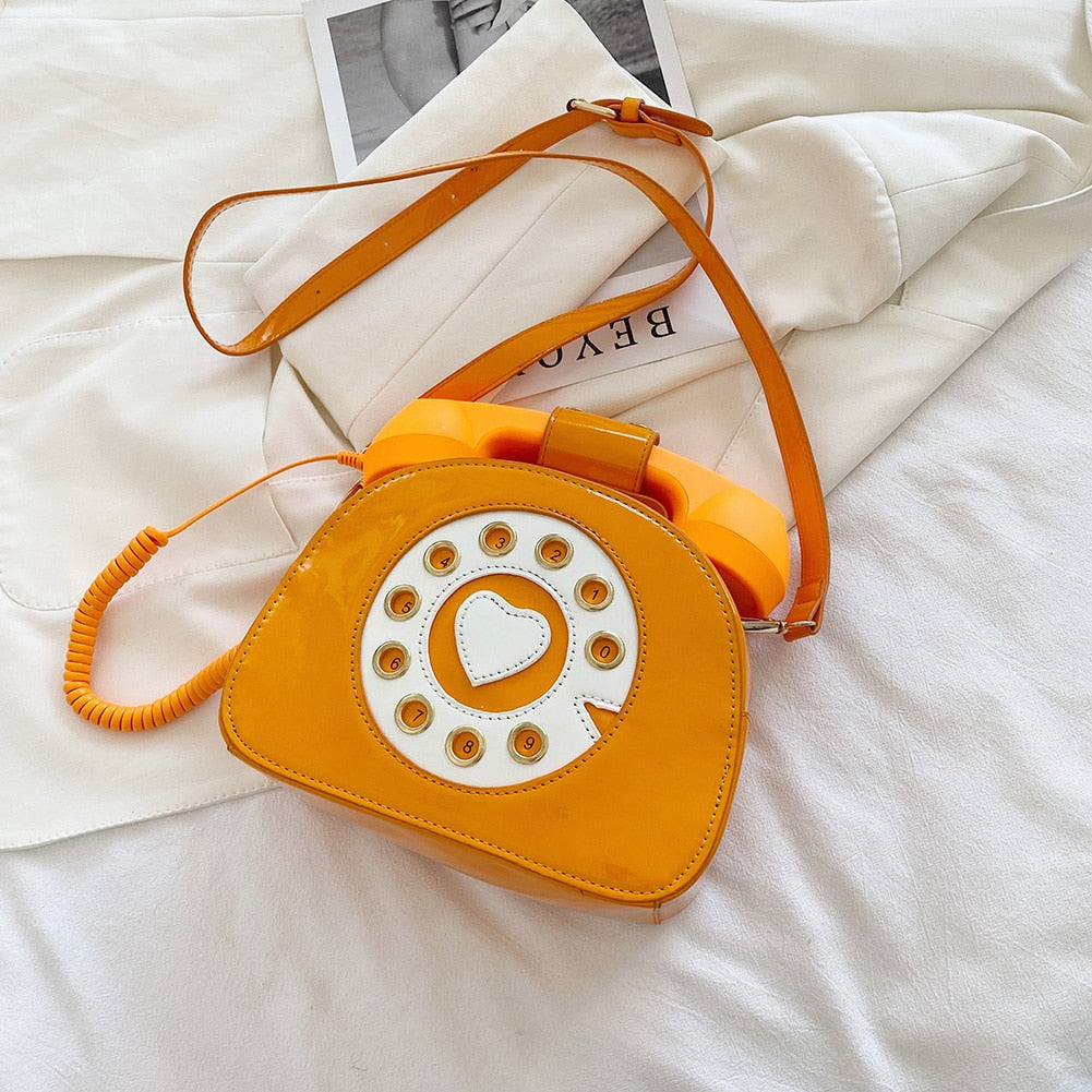 Creative Shoulder Bag, Telephone Shaped Crossbody Handbag, Retro PU Leather Simulation