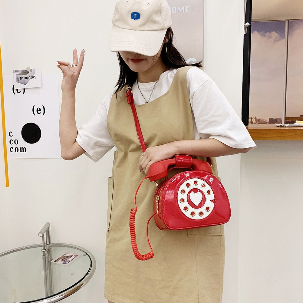 Creative Shoulder Bag, Telephone Shaped Crossbody Handbag, Retro PU Leather Simulation