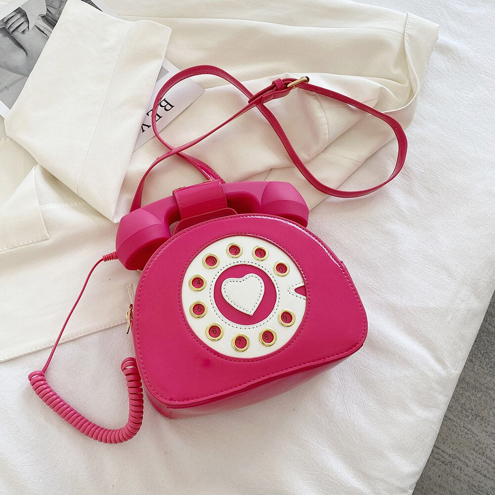 Creative Shoulder Bag, Telephone Shaped Crossbody Handbag, Retro PU Leather Simulation