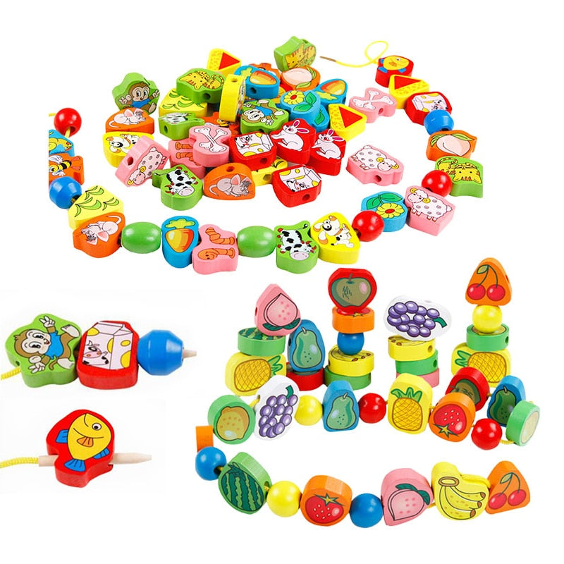 26pcs Wooden beads for toddlers w/cord for Stringing.