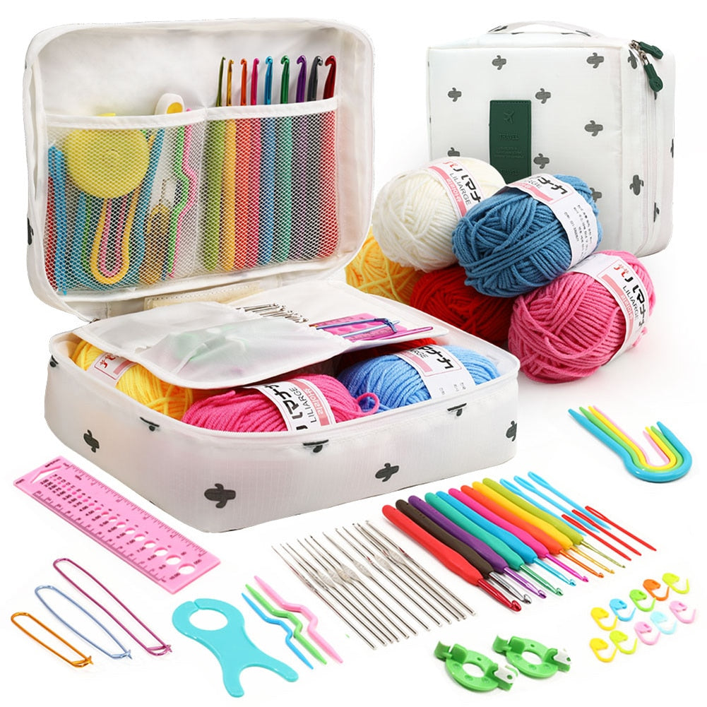 53Pcs Beginner Crochet Hook Kits w/yarn, Crochet Hooks, Needles and Sewing Accessories in a Storage Bag