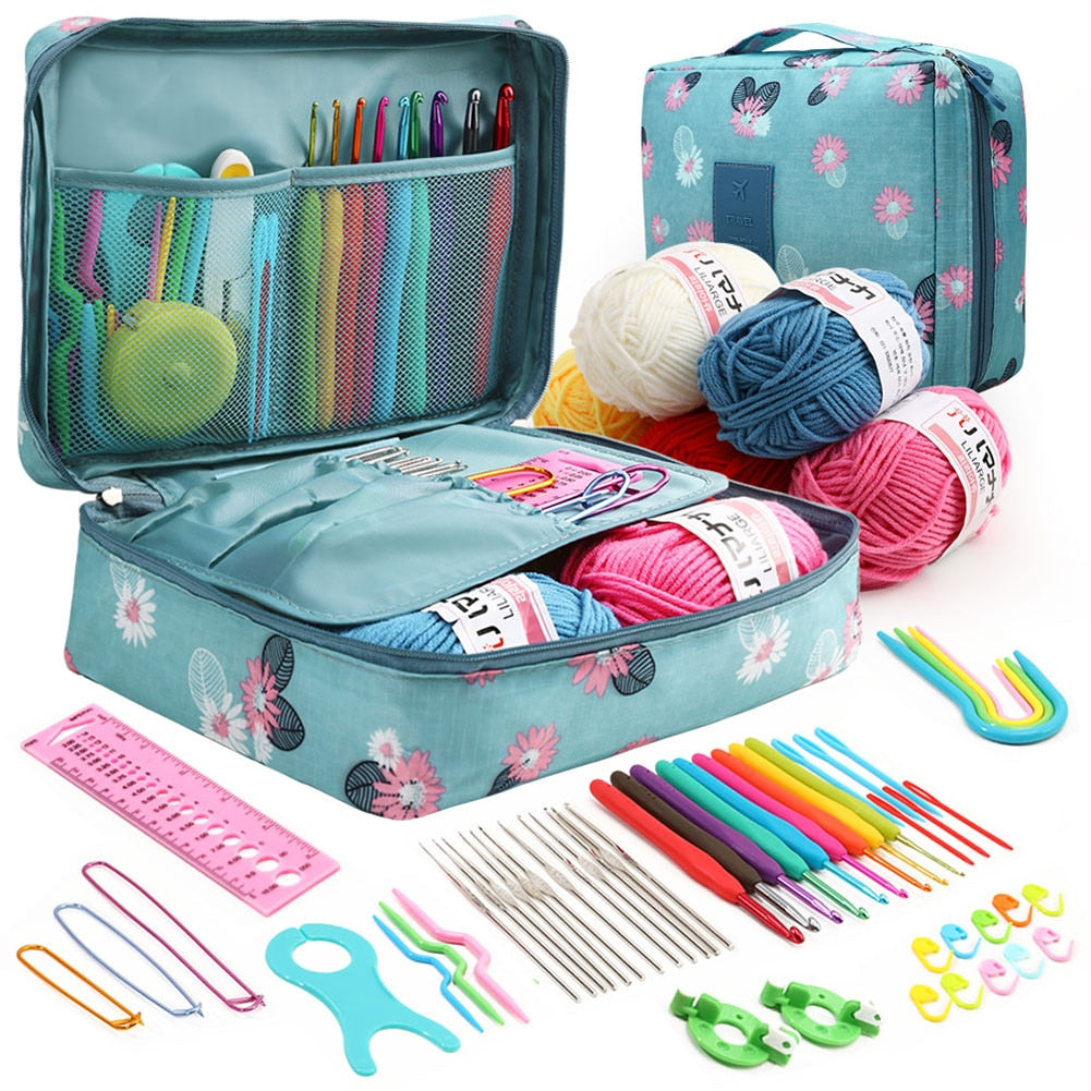 53Pcs Beginner Crochet Hook Kits w/yarn, Crochet Hooks, Needles and Sewing Accessories in a Storage Bag