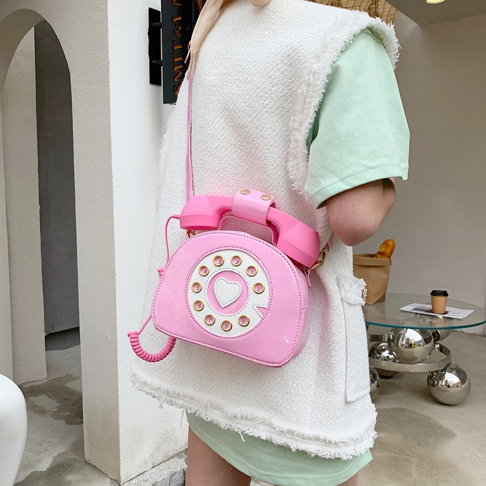 Creative Shoulder Bag, Telephone Shaped Crossbody Handbag, Retro PU Leather Simulation