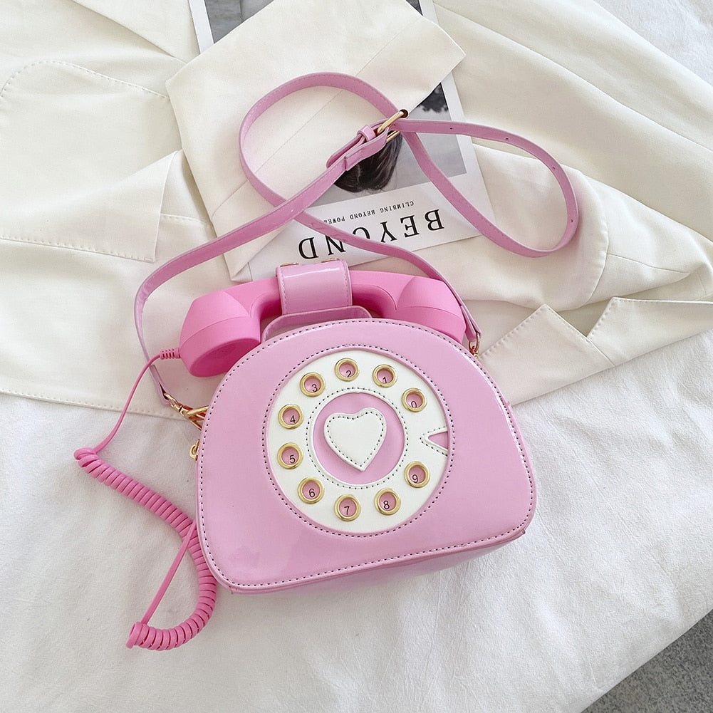 Creative Shoulder Bag, Telephone Shaped Crossbody Handbag, Retro PU Leather Simulation