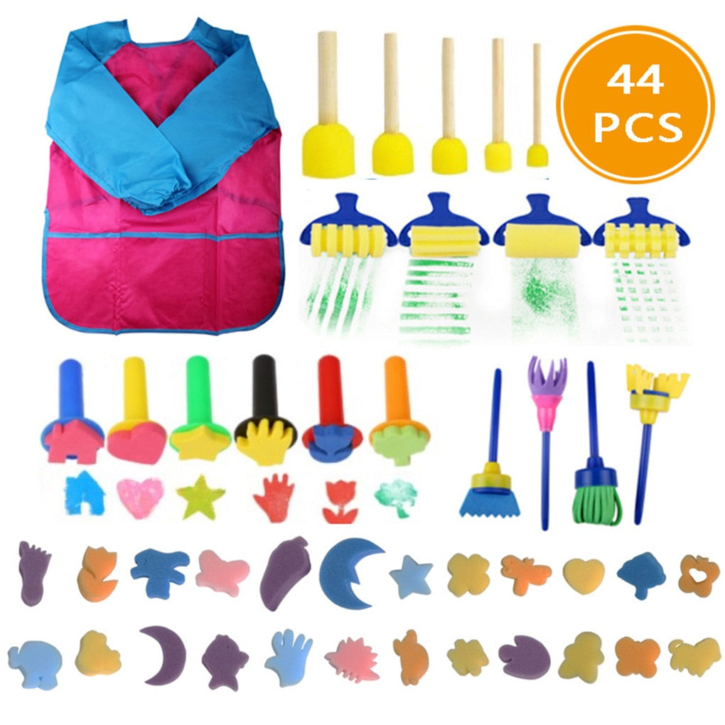 44 piece Sponge Brushes Kit With Smock for Painting - toysforparents