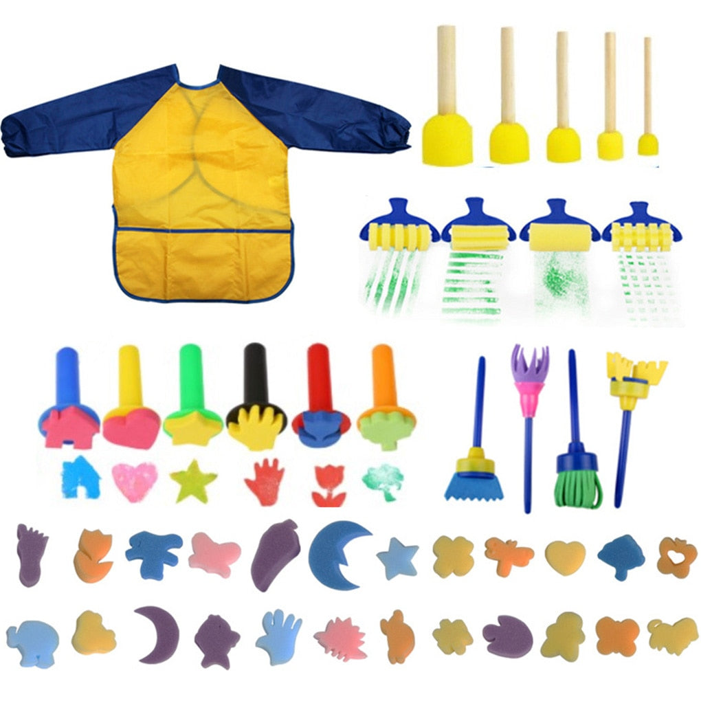 44 piece Sponge Brushes Kit With Smock for Painting - toysforparents