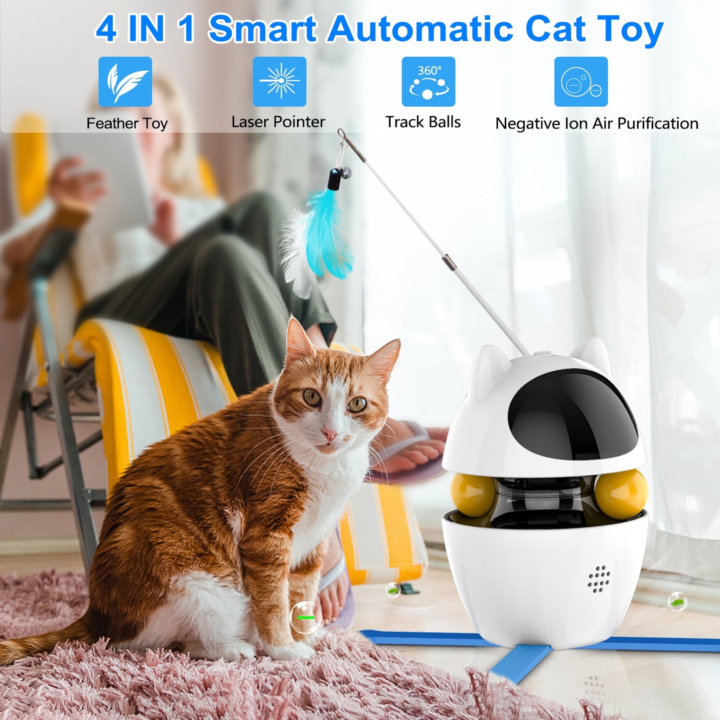 4-in-1 Electric, Interactive, Indoor Cat Fun! Automatic Ball & Feather Exercising Laser & is USB Rechargeable