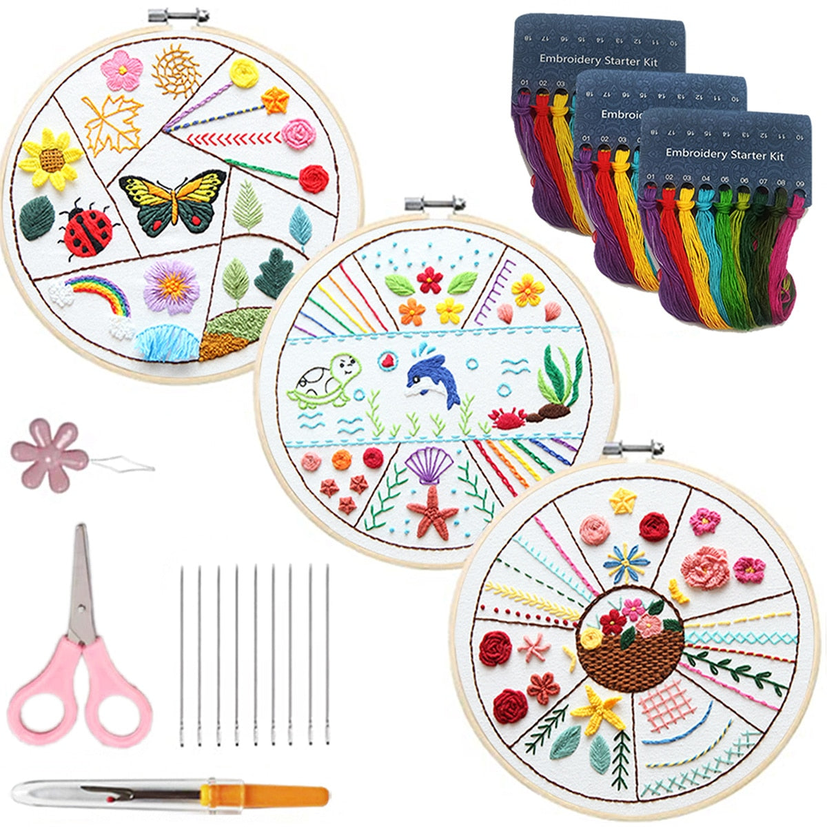 Embroidery Kit includes: Hoop, Cloth, Needles, Threads, Scissors.