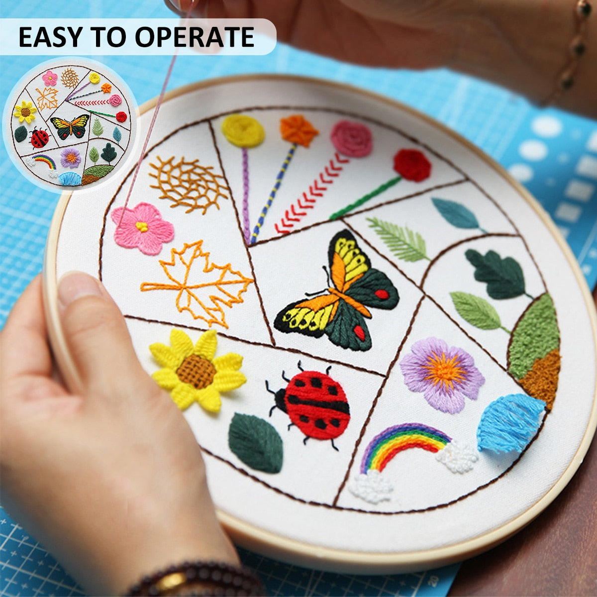 Embroidery Kit includes: Hoop, Cloth, Needles, Threads, Scissors.