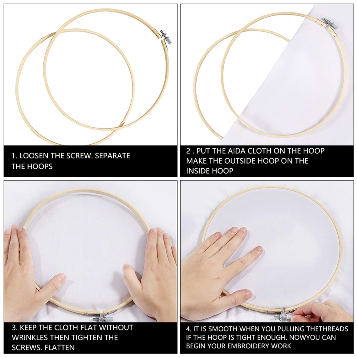 Embroidery Kit includes: Hoop, Cloth, Needles, Threads, Scissors.