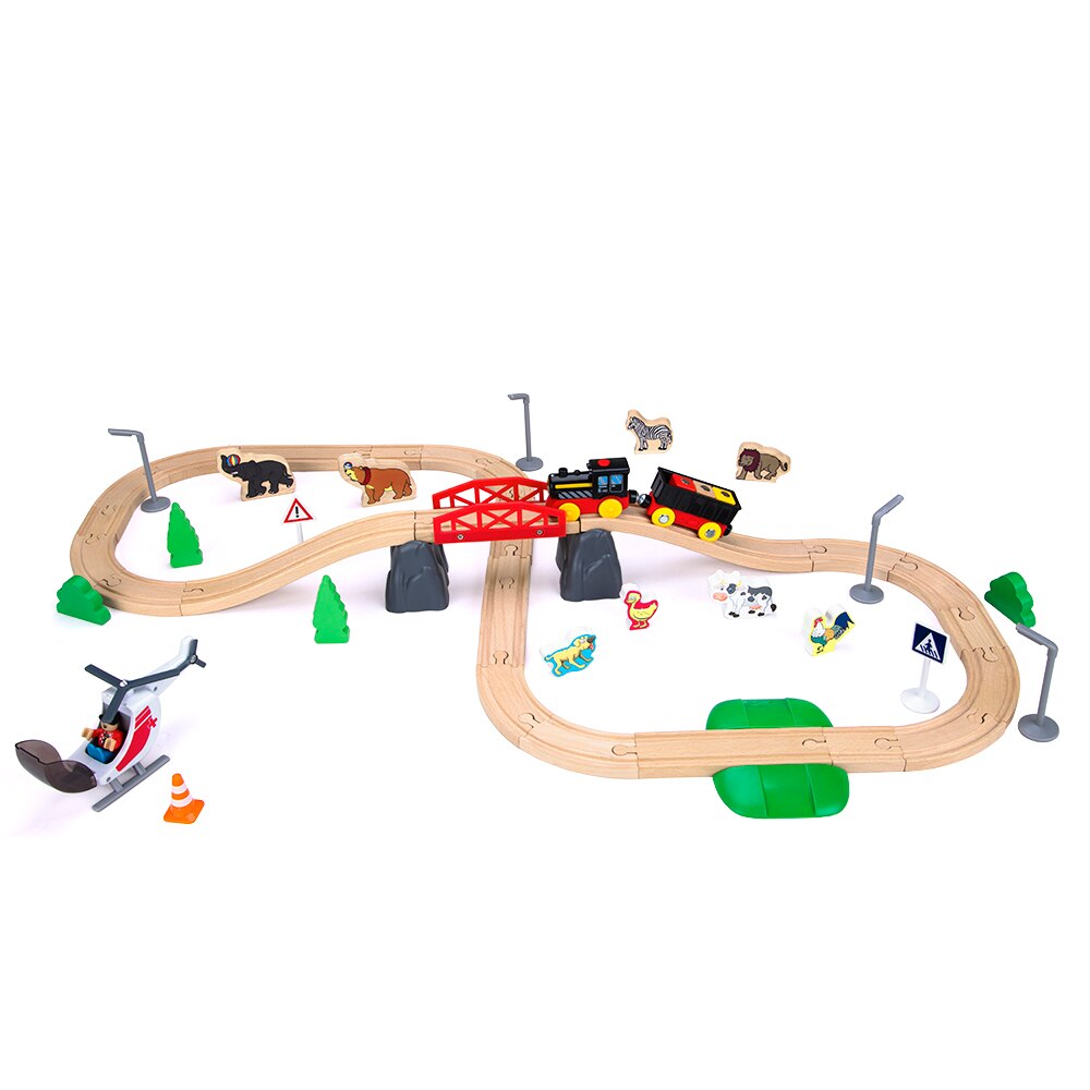 Electric Train Set 50pcs beechwood. Compatible w/Other Wooden Tracks