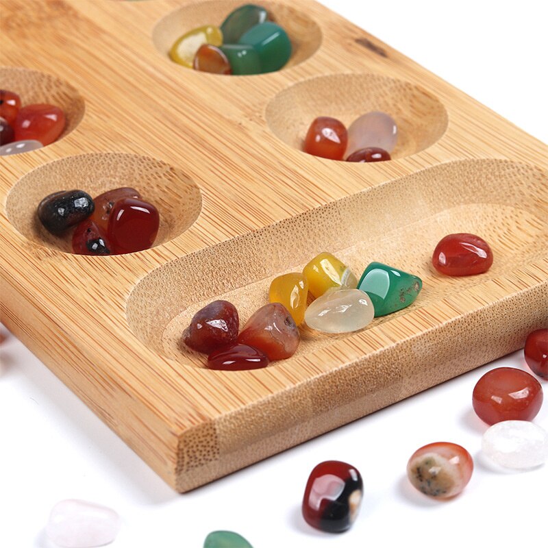 Mancala Bamboo Case & game board and 48. Classic Strategy game for all