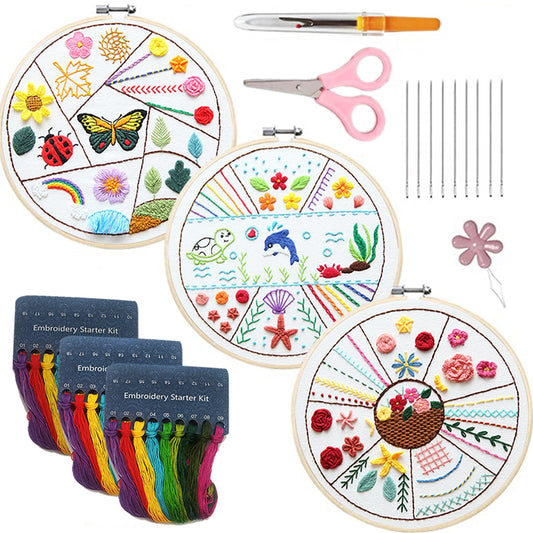 Embroidery Kit includes: Hoop, Cloth, Needles, Threads, Scissors.