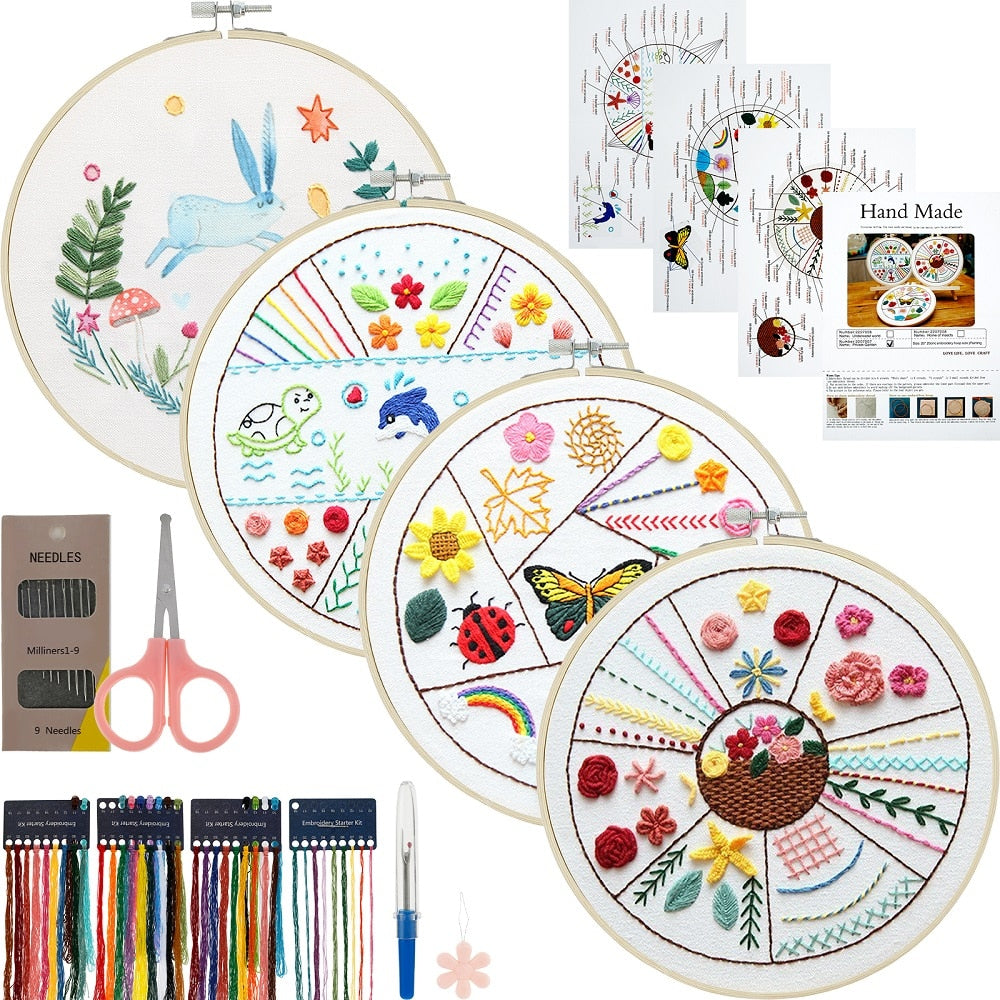 Embroidery Kit includes: Hoop, Cloth, Needles, Threads, Scissors.