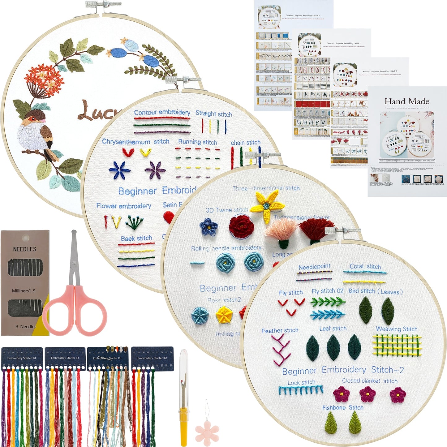 Embroidery Kit includes: Hoop, Cloth, Needles, Threads, Scissors.