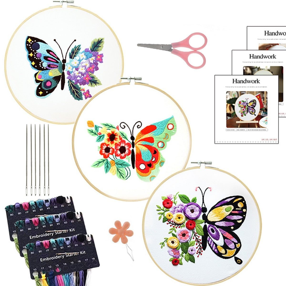 Embroidery Kit includes: Hoop, Cloth, Needles, Threads, Scissors.