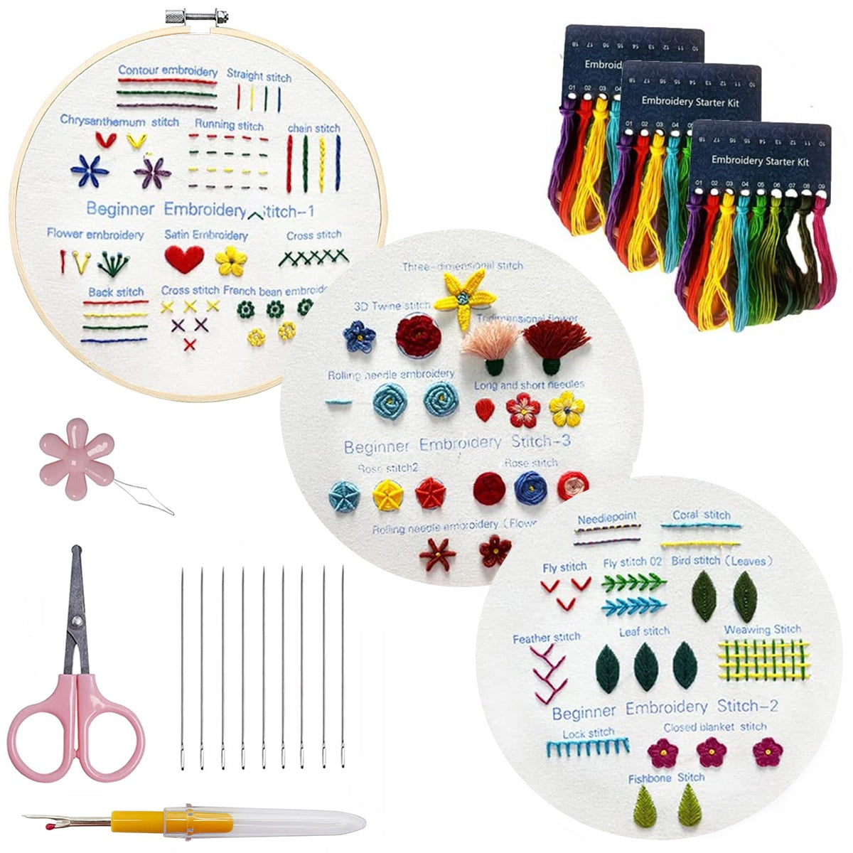 Embroidery Kit includes: Hoop, Cloth, Needles, Threads, Scissors.