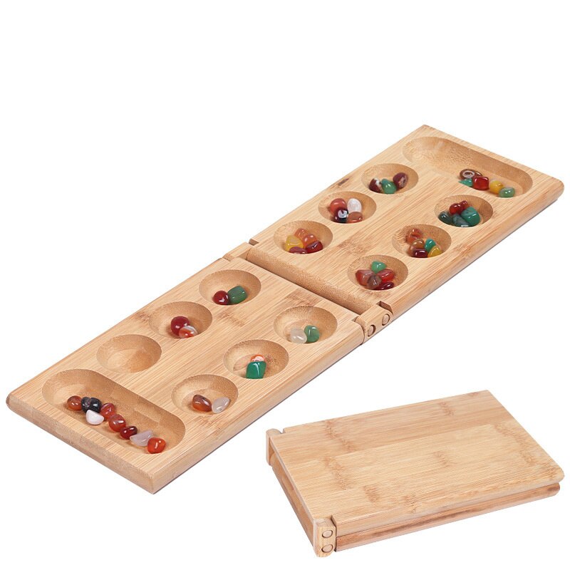 Mancala Bamboo Case & game board and 48. Classic Strategy game for all