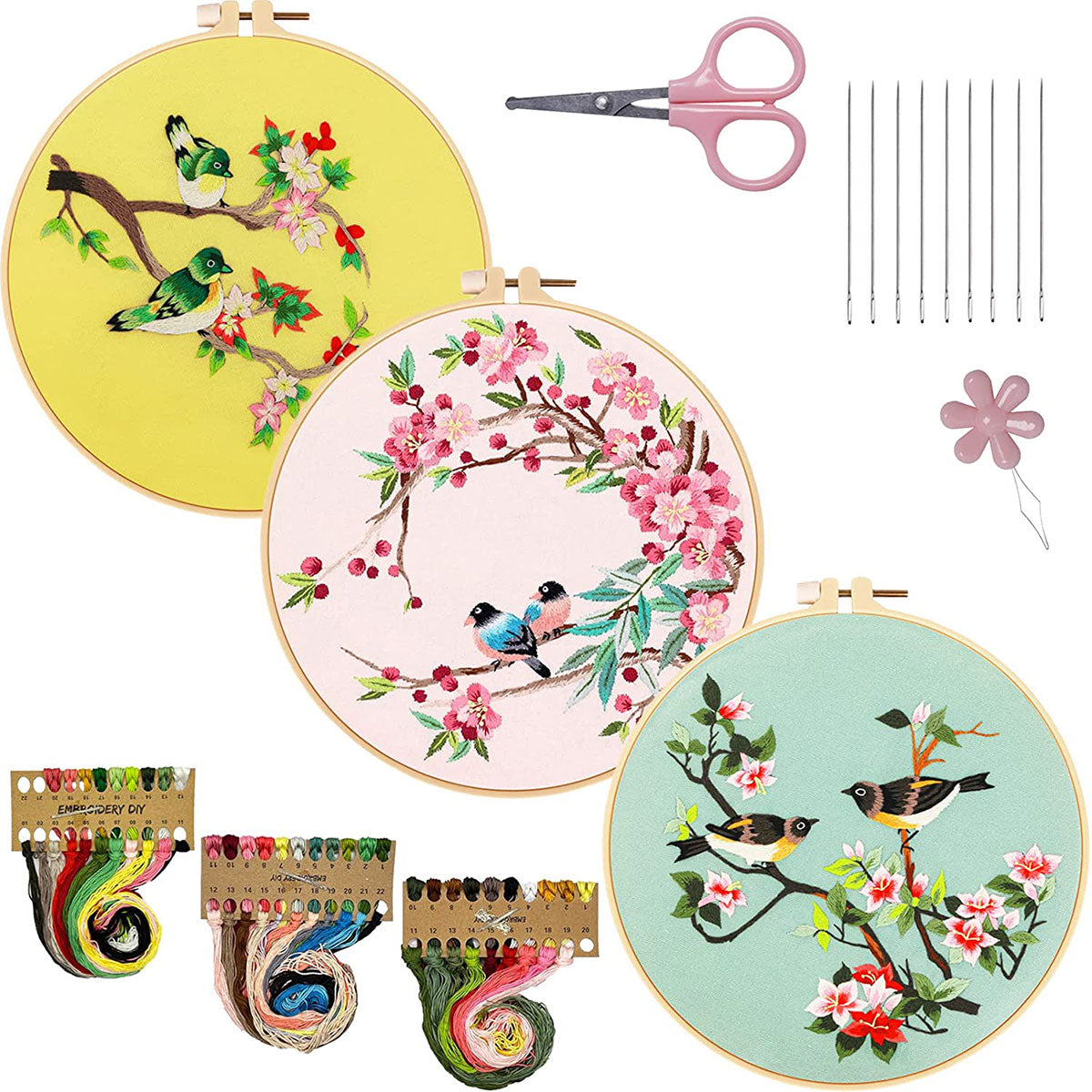 Embroidery Kit includes: Hoop, Cloth, Needles, Threads, Scissors.