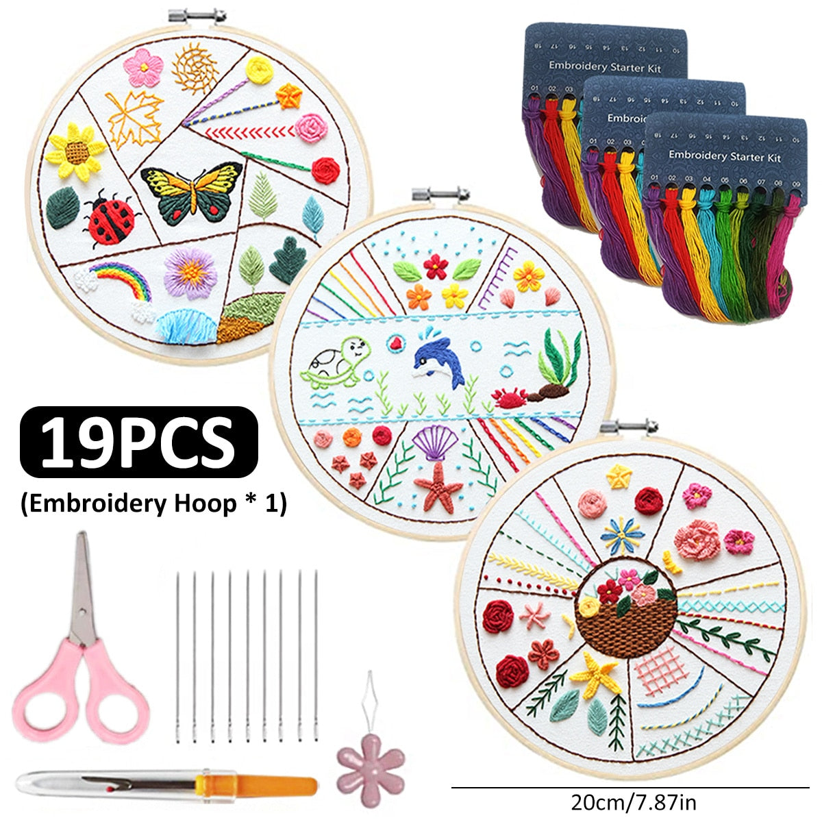 Embroidery Kit includes: Hoop, Cloth, Needles, Threads, Scissors.